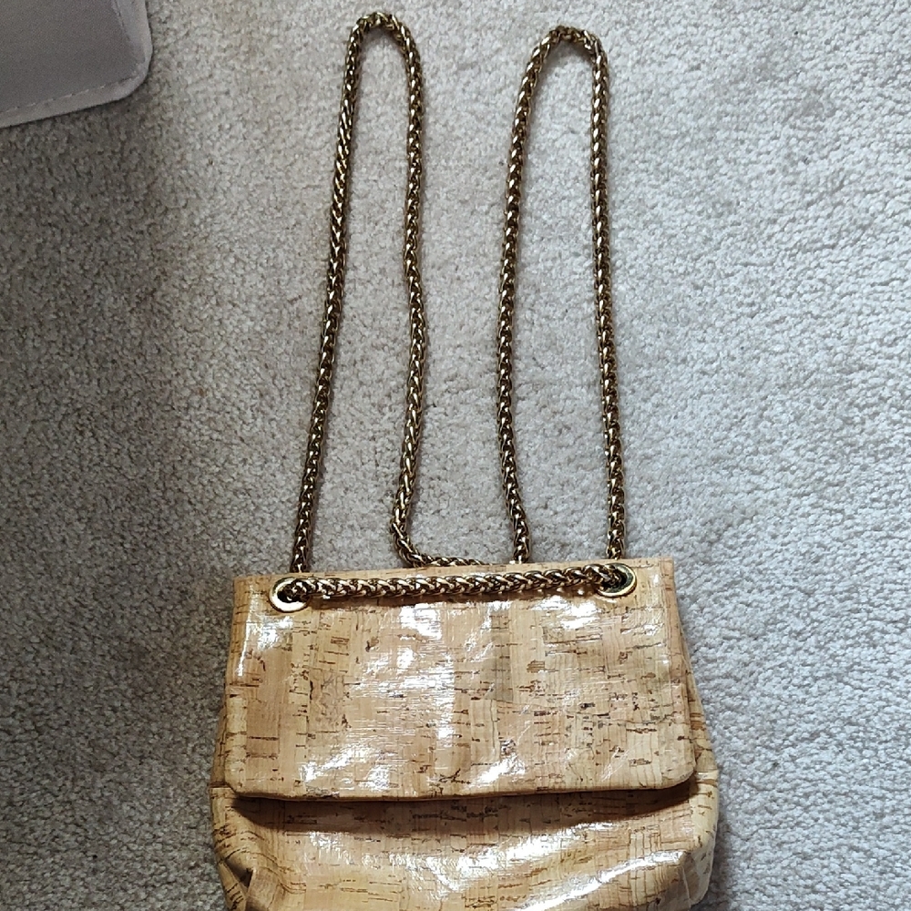 Elie Tahari Glossy Beige Cork-Texture Chain Shoulder Bag